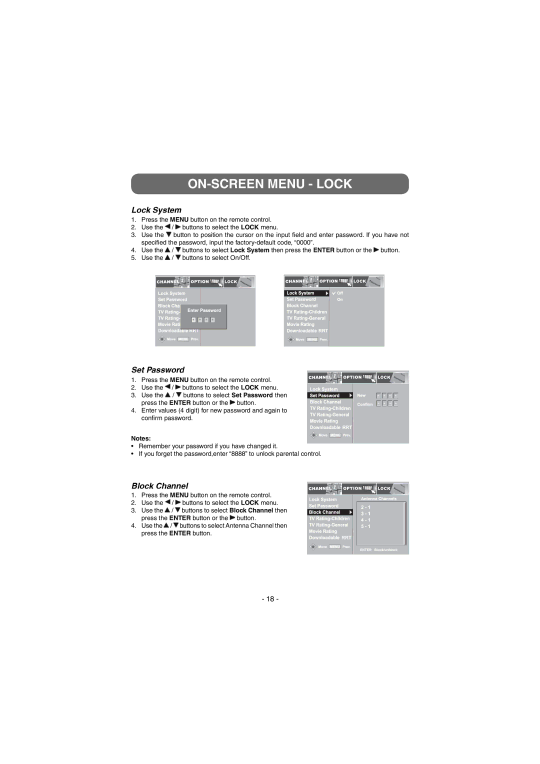 Venturer STB7766G1 instruction manual ON-SCREEN Menu Lock, Lock System, Set Password, Block Channel 