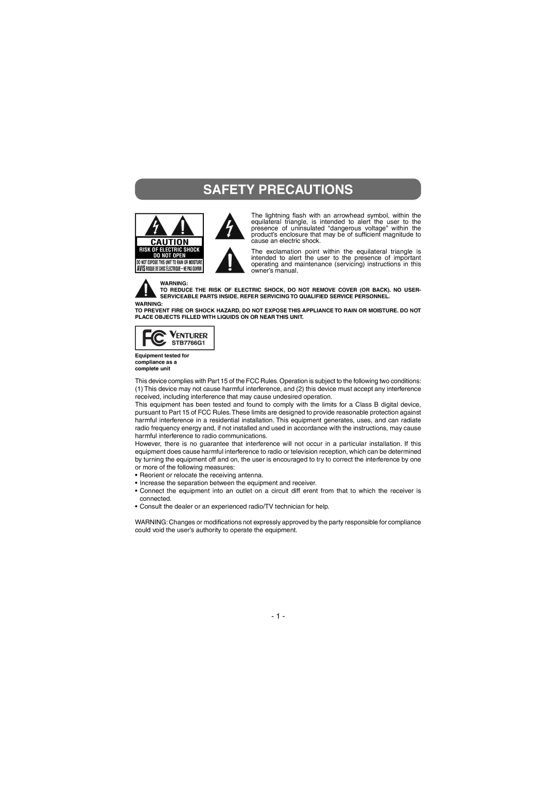 Venturer STB7766G1 instruction manual Safety Precautions 