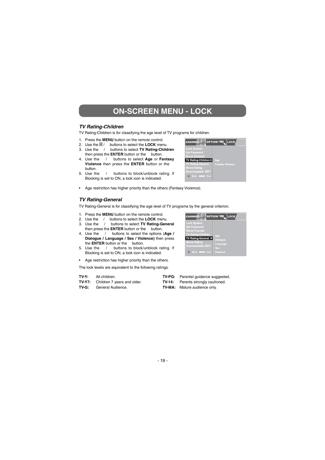 Venturer STB7766G1 instruction manual TV Rating-Children, TV Rating-General 