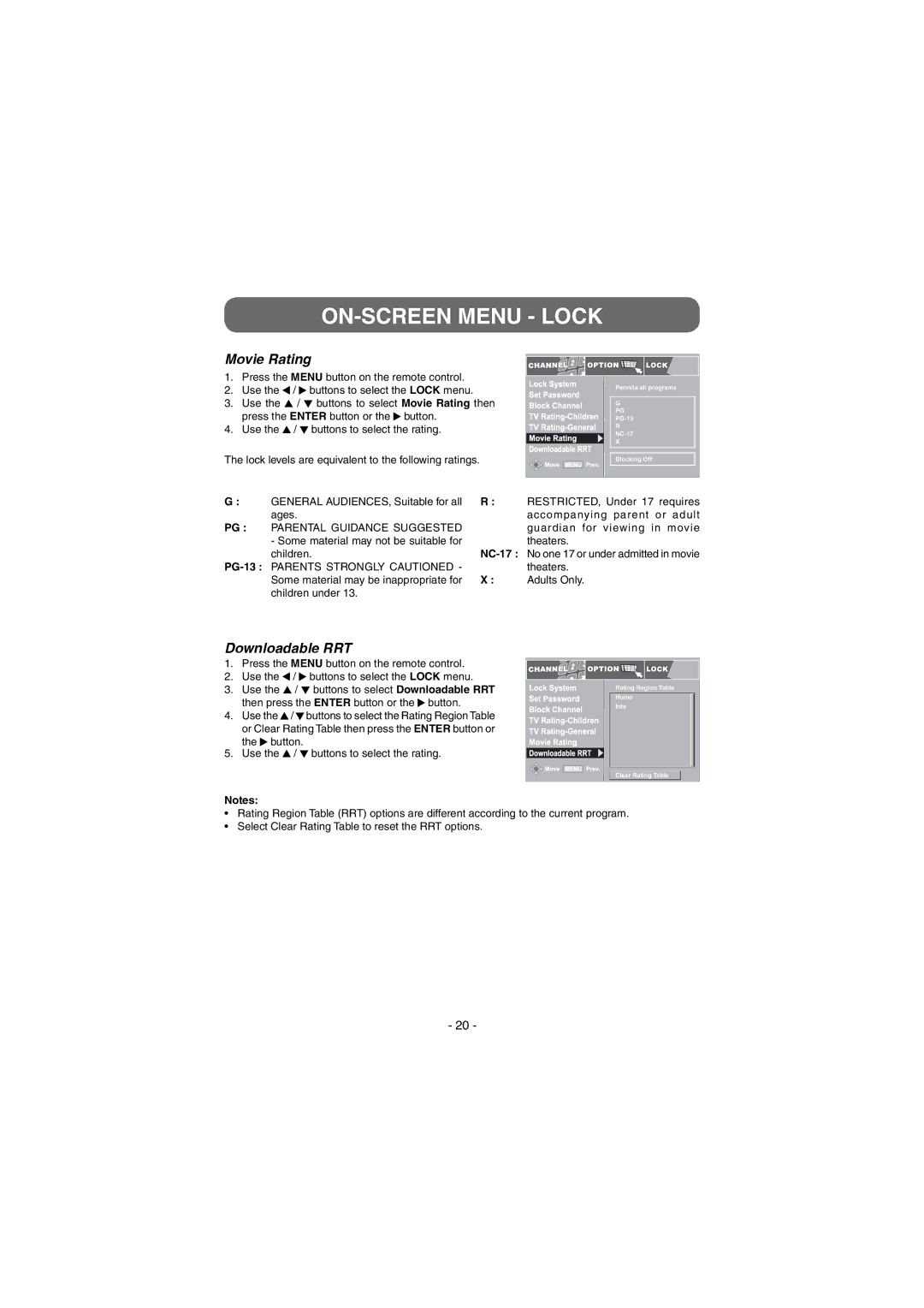 Venturer STB7766G1 instruction manual Movie Rating, Downloadable RRT 