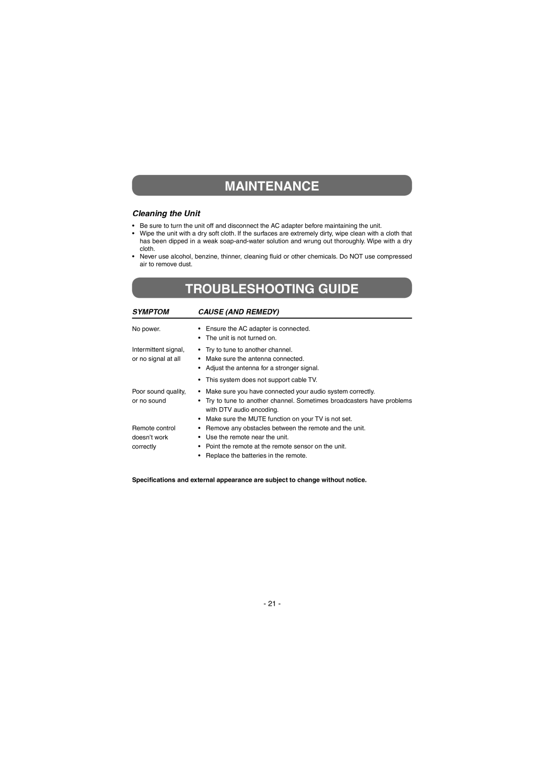 Venturer STB7766G1 instruction manual Maintenance, Troubleshooting Guide, Cleaning the Unit 