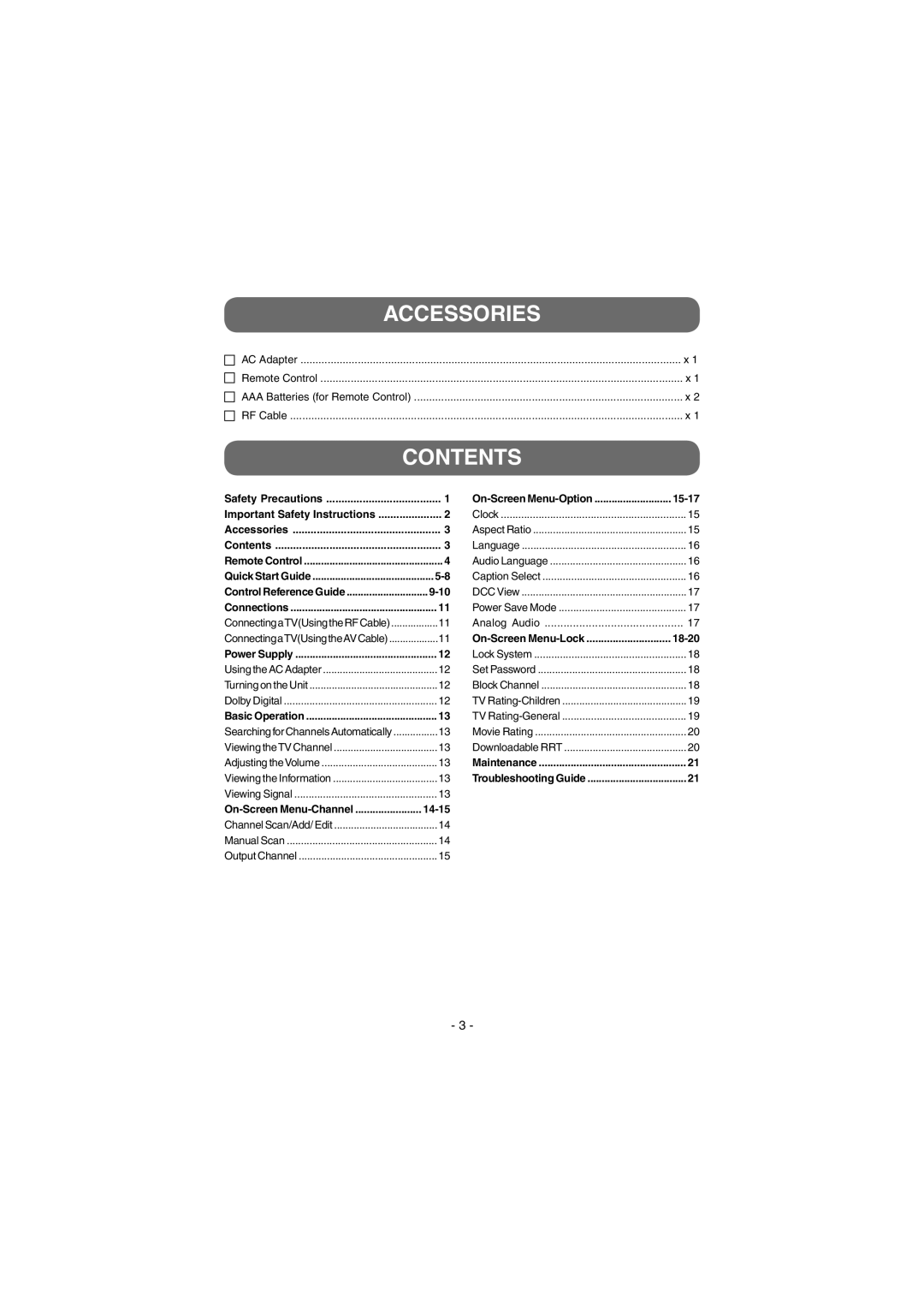 Venturer STB7766G1 instruction manual Accessories, Contents 