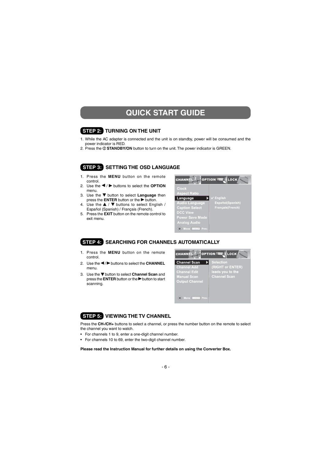 Venturer STB7766G1 instruction manual Turning on the Unit, Setting the OSD Language, Searching for Channels Automatically 