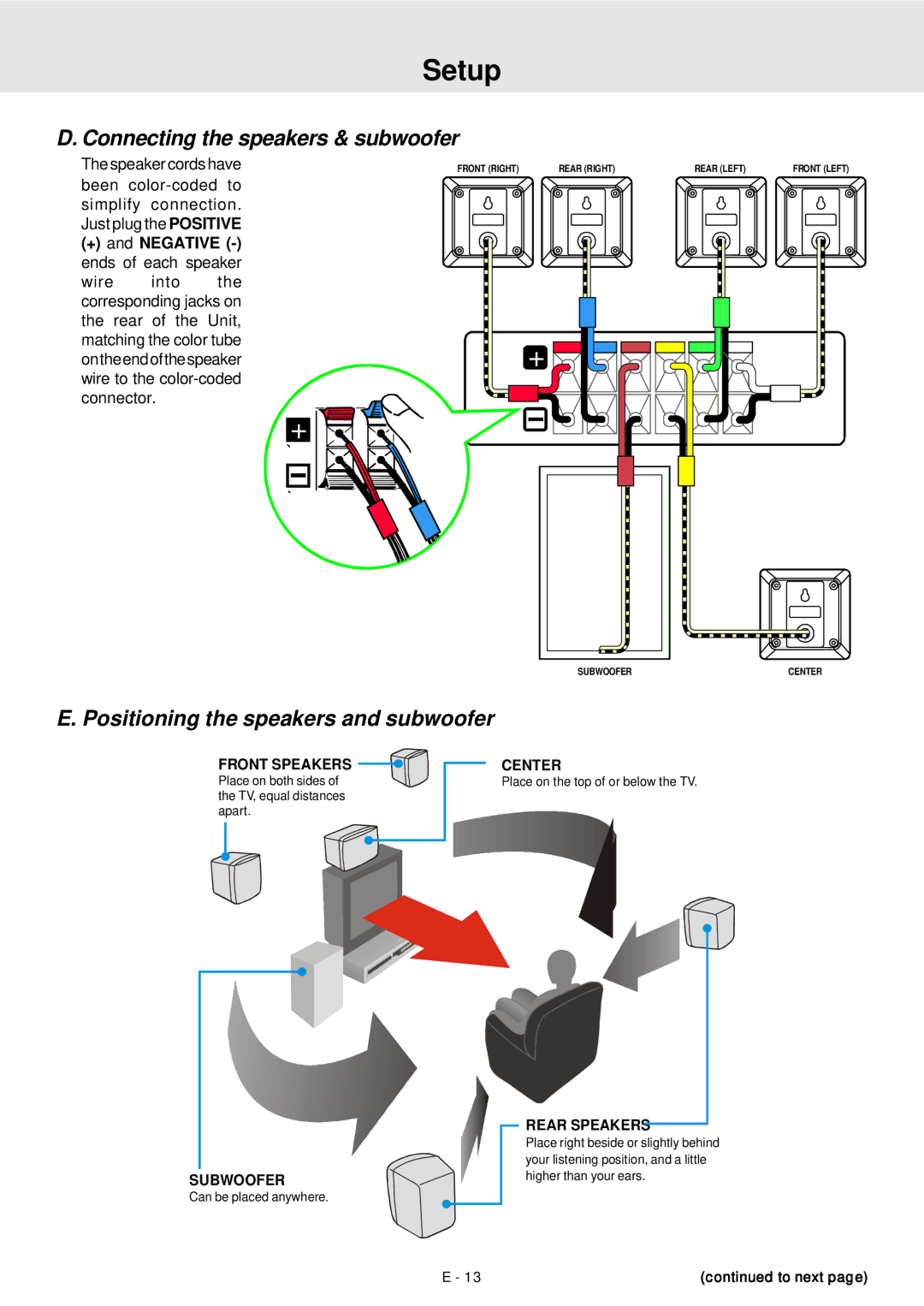 Venturer STS91 manual Connecting the speakers & subwoofer, Positioning the speakers and subwoofer 