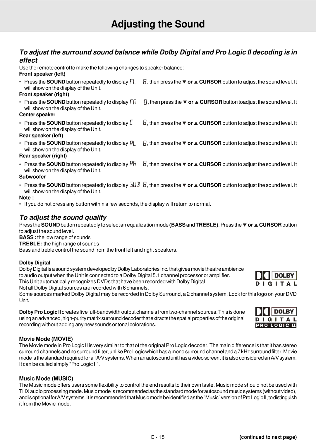 Venturer STS91 manual Adjusting the Sound, To adjust the sound quality, Movie Mode Movie, Music Mode Music 