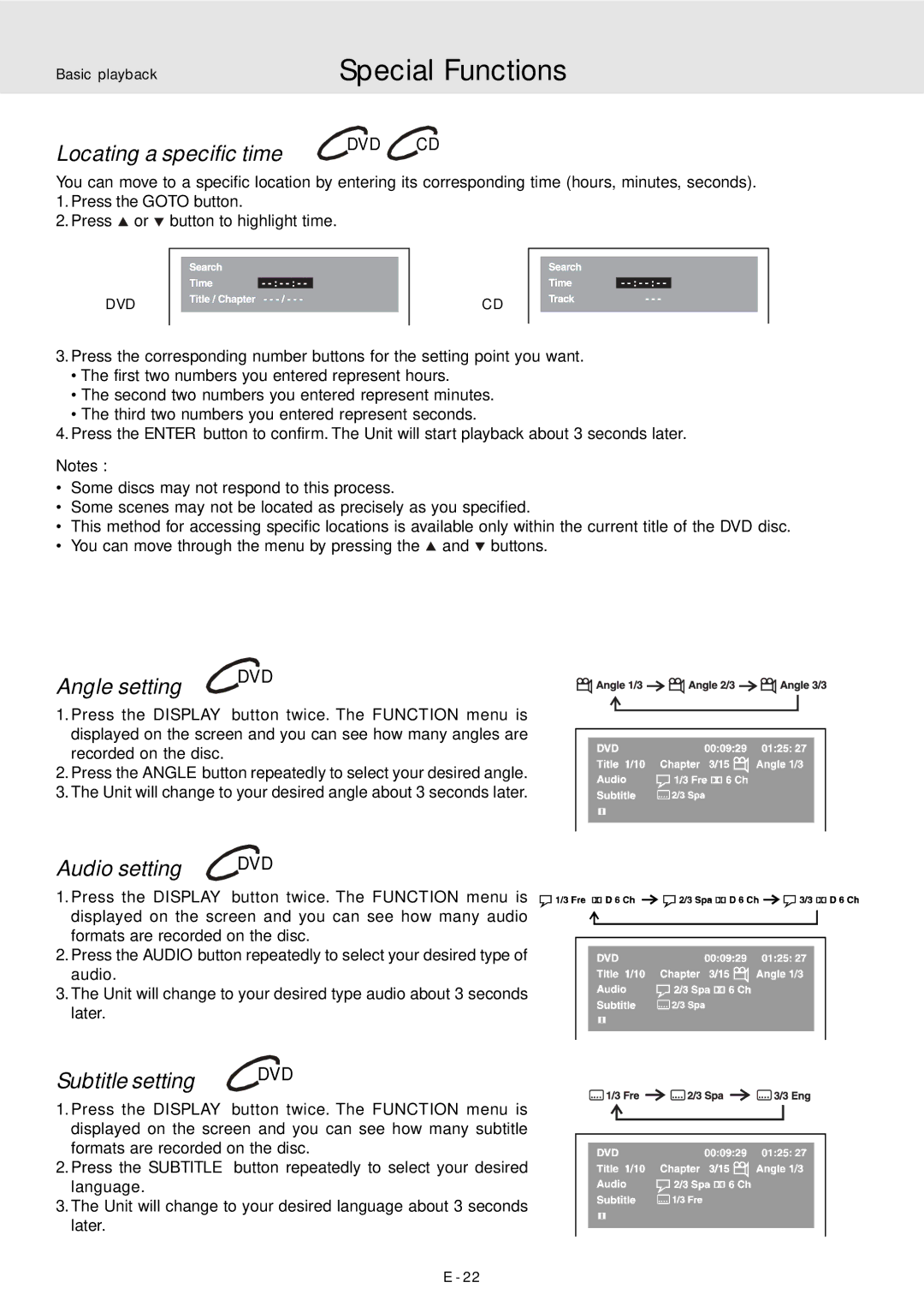 Venturer STS91 manual Locating a specific time, Angle setting DVD, Audio setting, Subtitle setting 