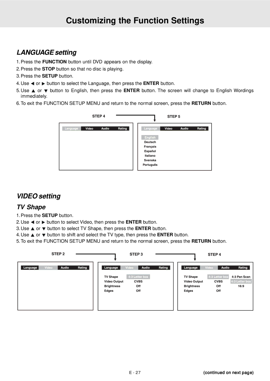 Venturer STS91 manual Customizing the Function Settings, Language setting, Video setting, TV Shape 