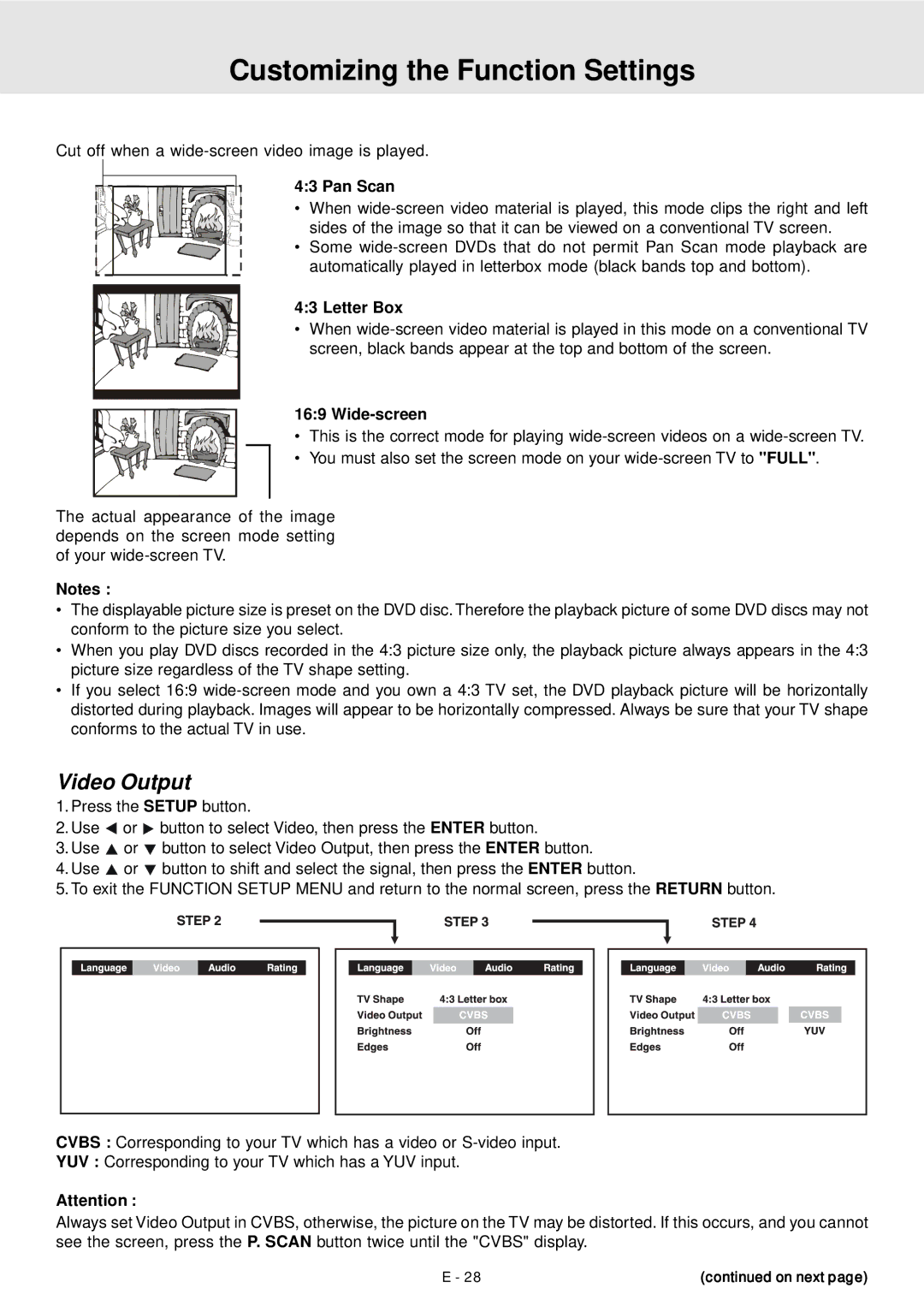 Venturer STS91 manual Video Output, Pan Scan, Letter Box, Wide-screen 