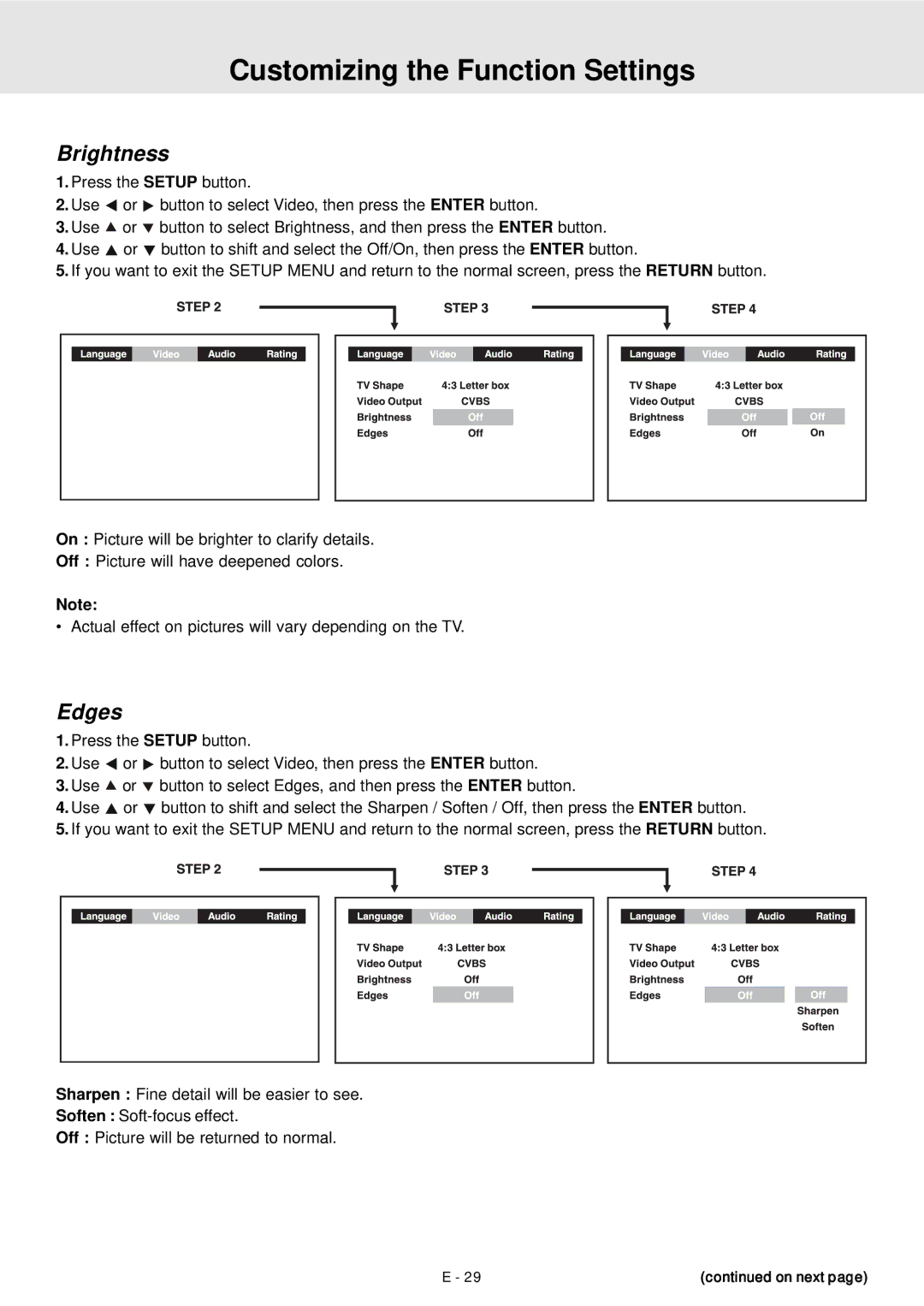 Venturer STS91 manual Brightness, Edges 