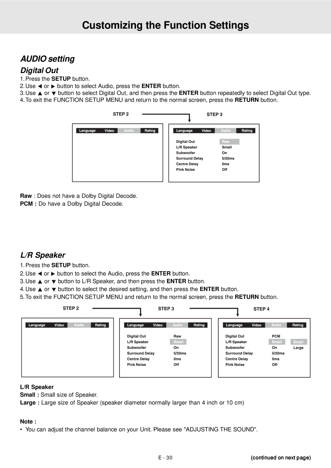 Venturer STS91 manual Audio setting, Digital Out, Speaker 