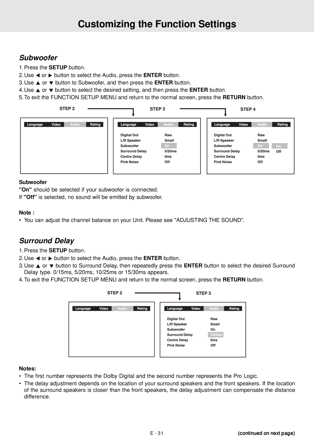 Venturer STS91 manual Subwoofer, Surround Delay 