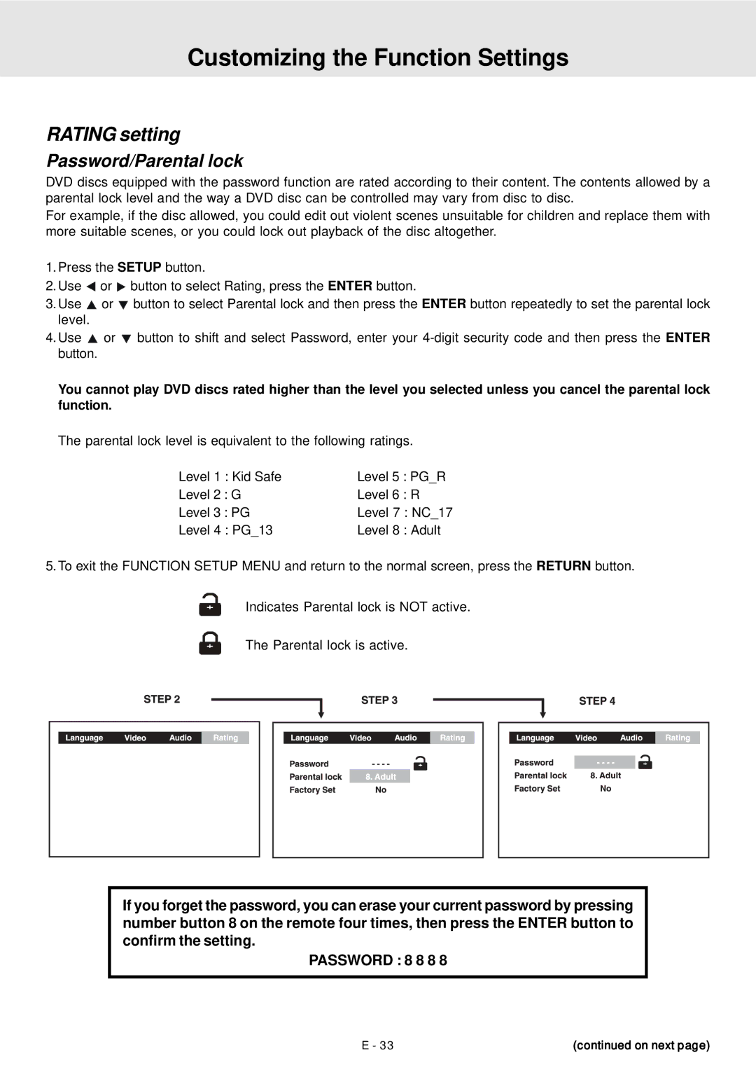 Venturer STS91 manual Rating setting, Password/Parental lock 