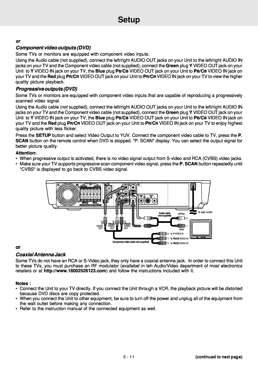 Venturer STS91 manual Setup, Component video outputs DVD, Progressive outputs DVD, Coaxial Antenna Jack 