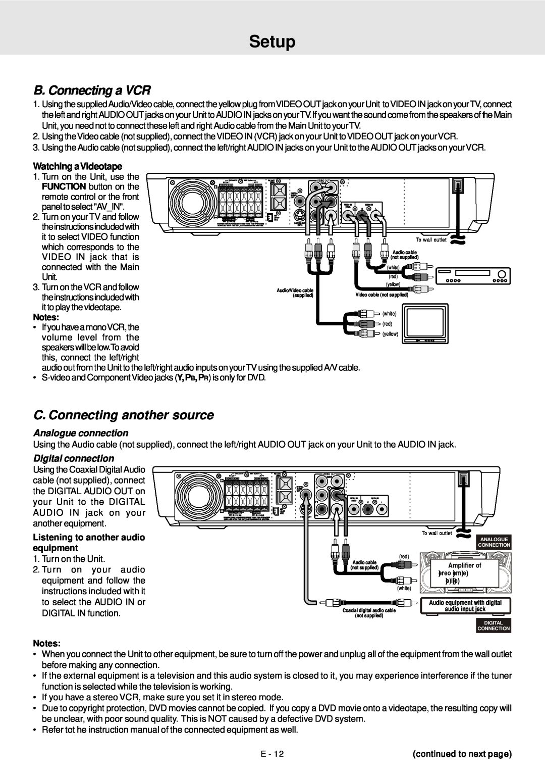Venturer STS91 manual B. Connecting a VCR, C. Connecting another source, Setup, Analogue connection, Digital connection 