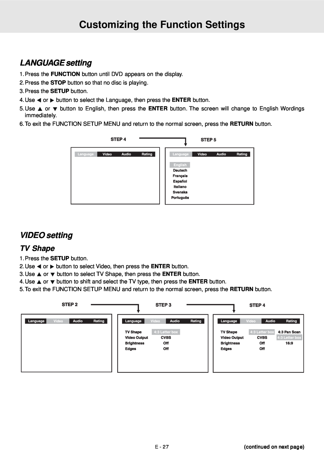 Venturer STS91 manual Customizing the Function Settings, LANGUAGE setting, VIDEO setting, TV Shape 