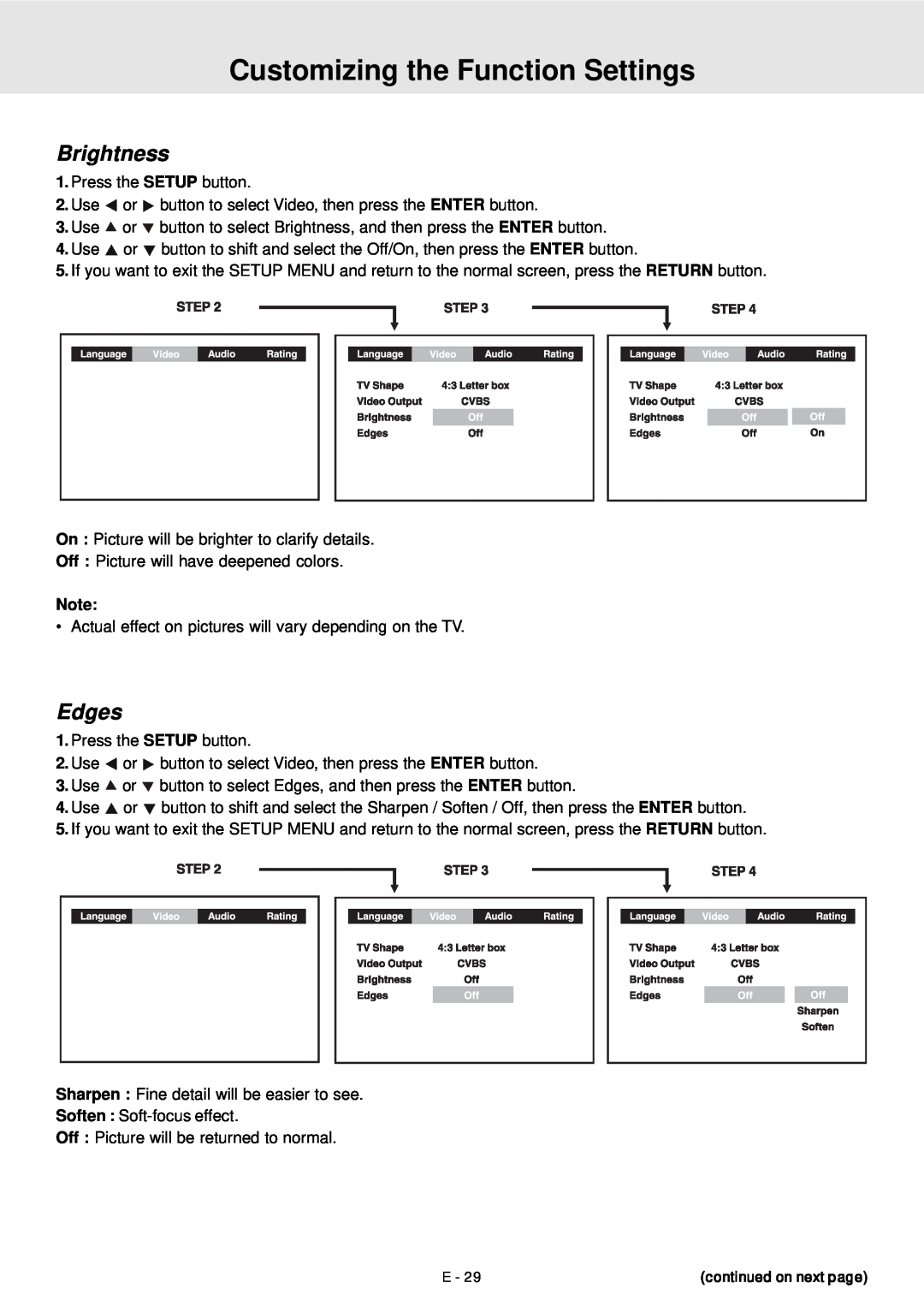 Venturer STS91 manual Brightness, Edges, Customizing the Function Settings 
