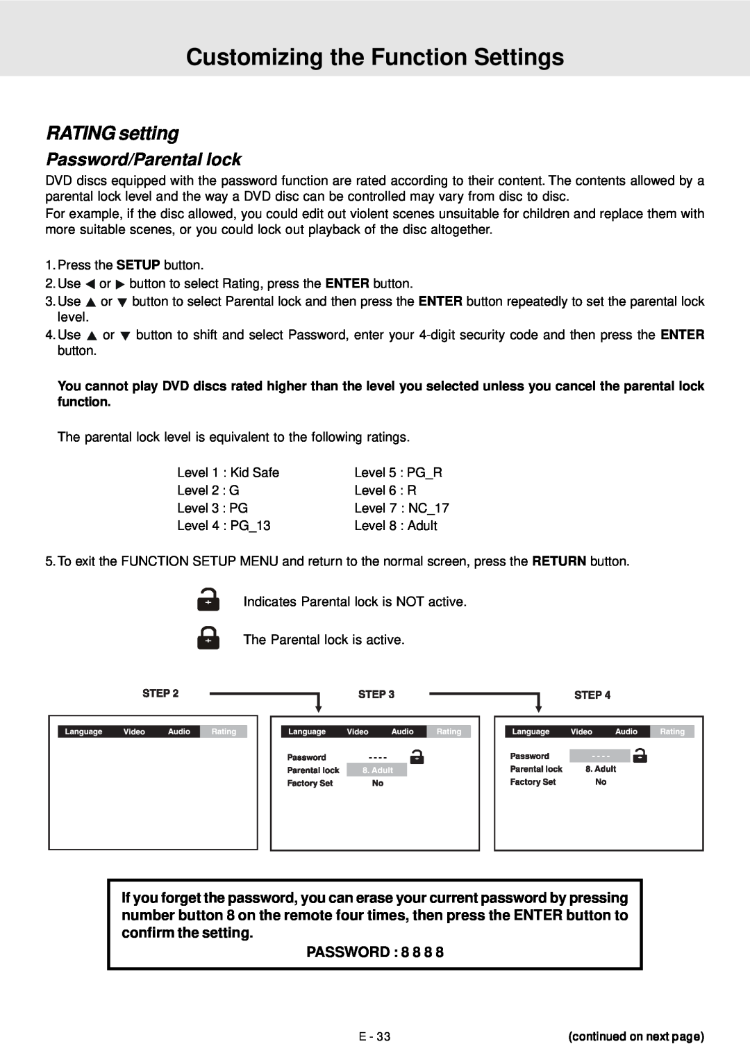 Venturer STS91 manual RATING setting, Password/Parental lock, Customizing the Function Settings, PASSWORD 8 