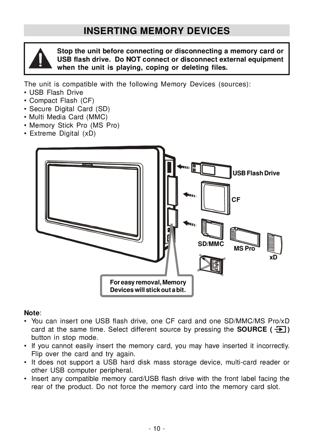 Venturer VPF810DL-CHER, VPF1010DL-BLK, VPF1010DL-BRW operating instructions Inserting Memory Devices 