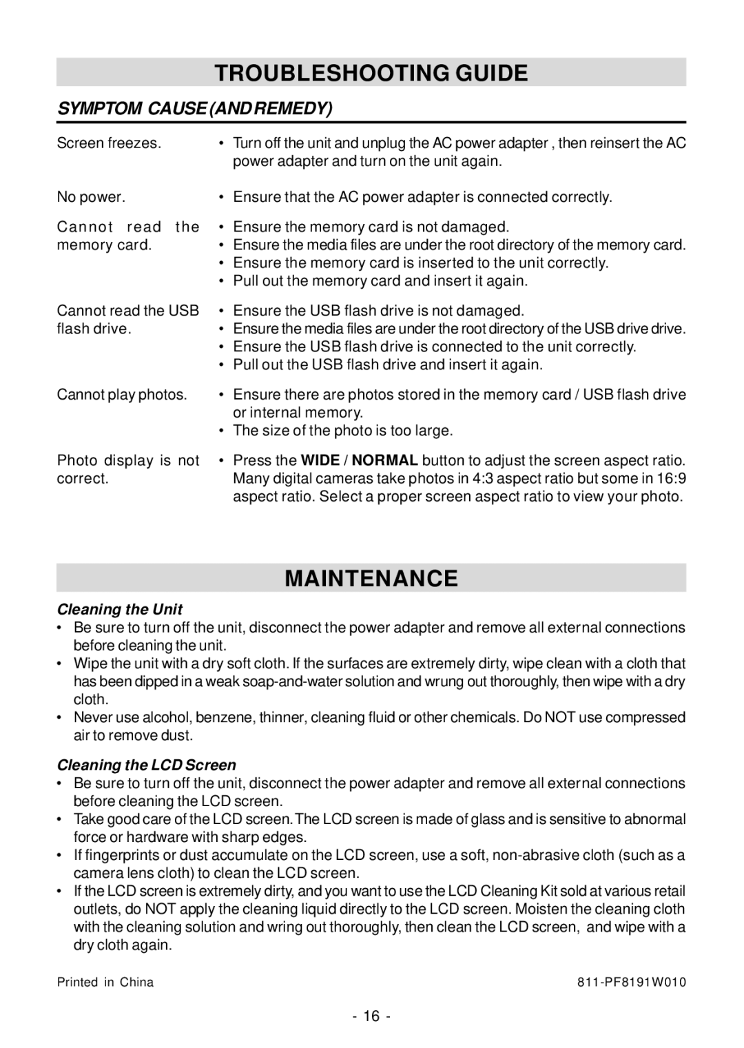 Venturer VPF810DL-CHER, VPF1010DL-BLK Troubleshooting Guide, Maintenance, Cleaning the Unit, Cleaning the LCD Screen 