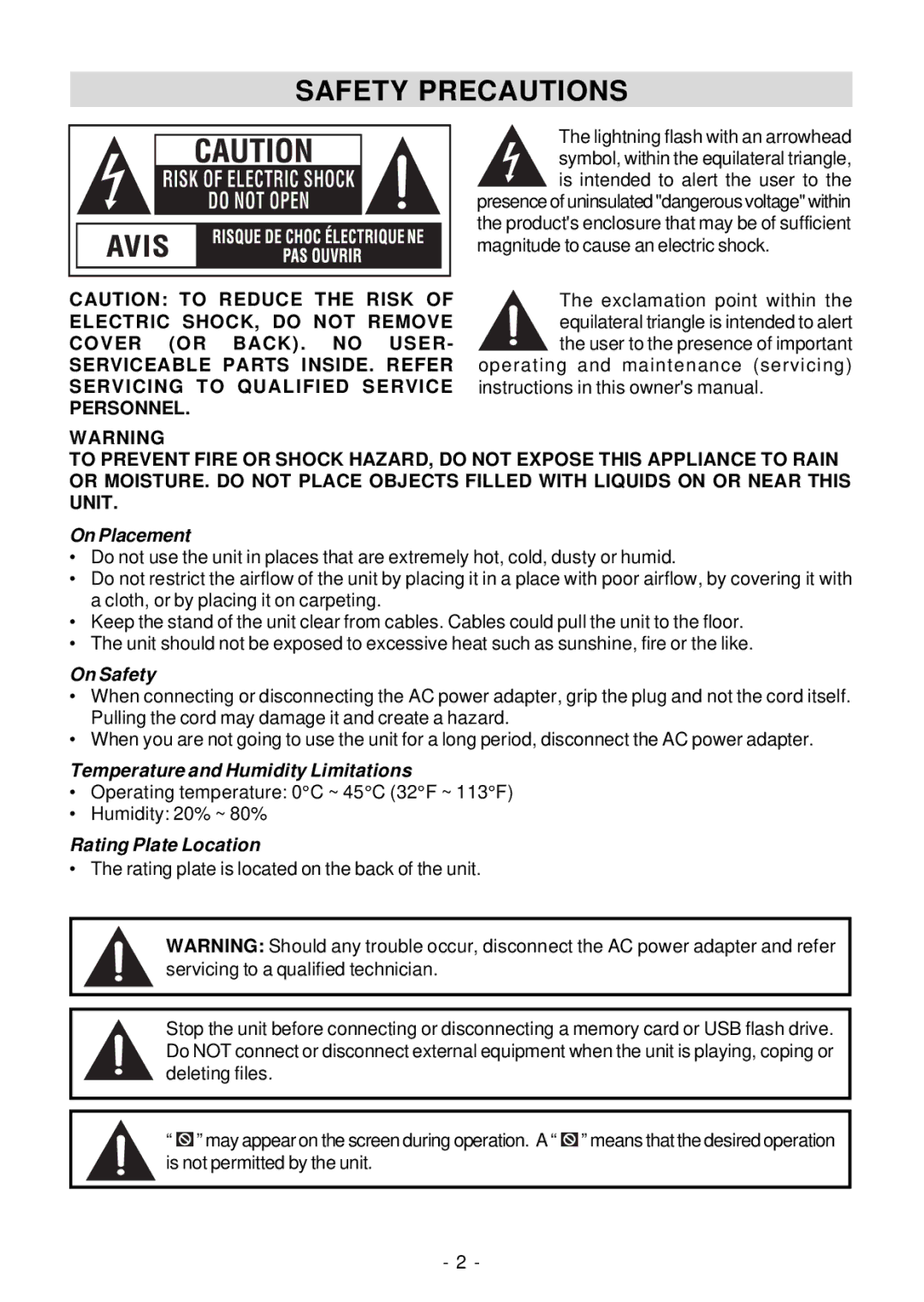 Venturer VPF1010DL-BRW, VPF1010DL-BLK Safety Precautions, On Placement, On Safety, Temperature and Humidity Limitations 