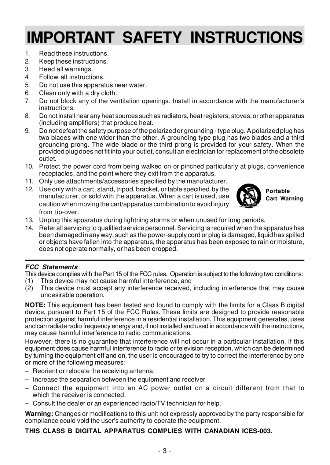 Venturer VPF1010DL-BLK, VPF810DL-CHER, VPF1010DL-BRW operating instructions Important Safety Instructions, FCC Statements 