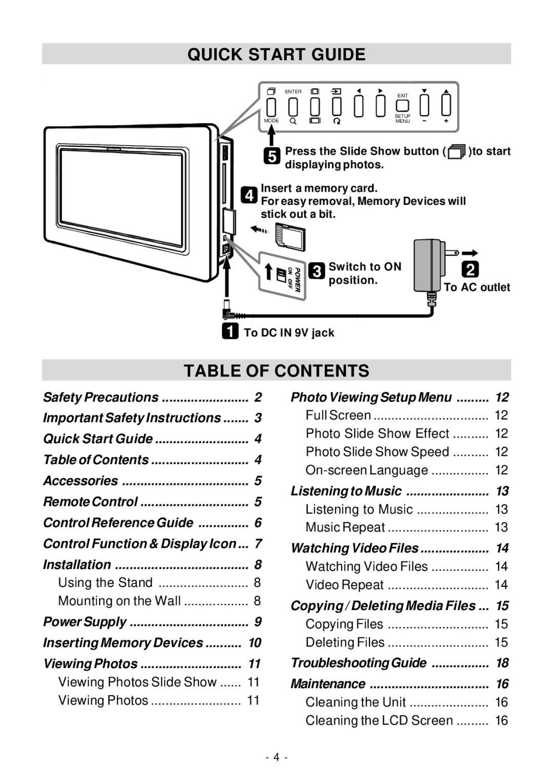 Venturer VPF810DL-CHER, VPF1010DL-BLK, VPF1010DL-BRW operating instructions Quick Start Guide, Table of Contents 