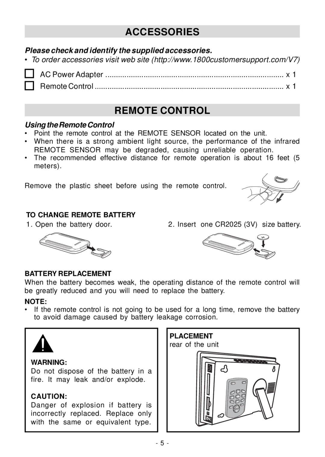 Venturer VPF1010DL-BRW, VPF1010DL-BLK Accessories, Remote Control, Please check and identify the supplied accessories 