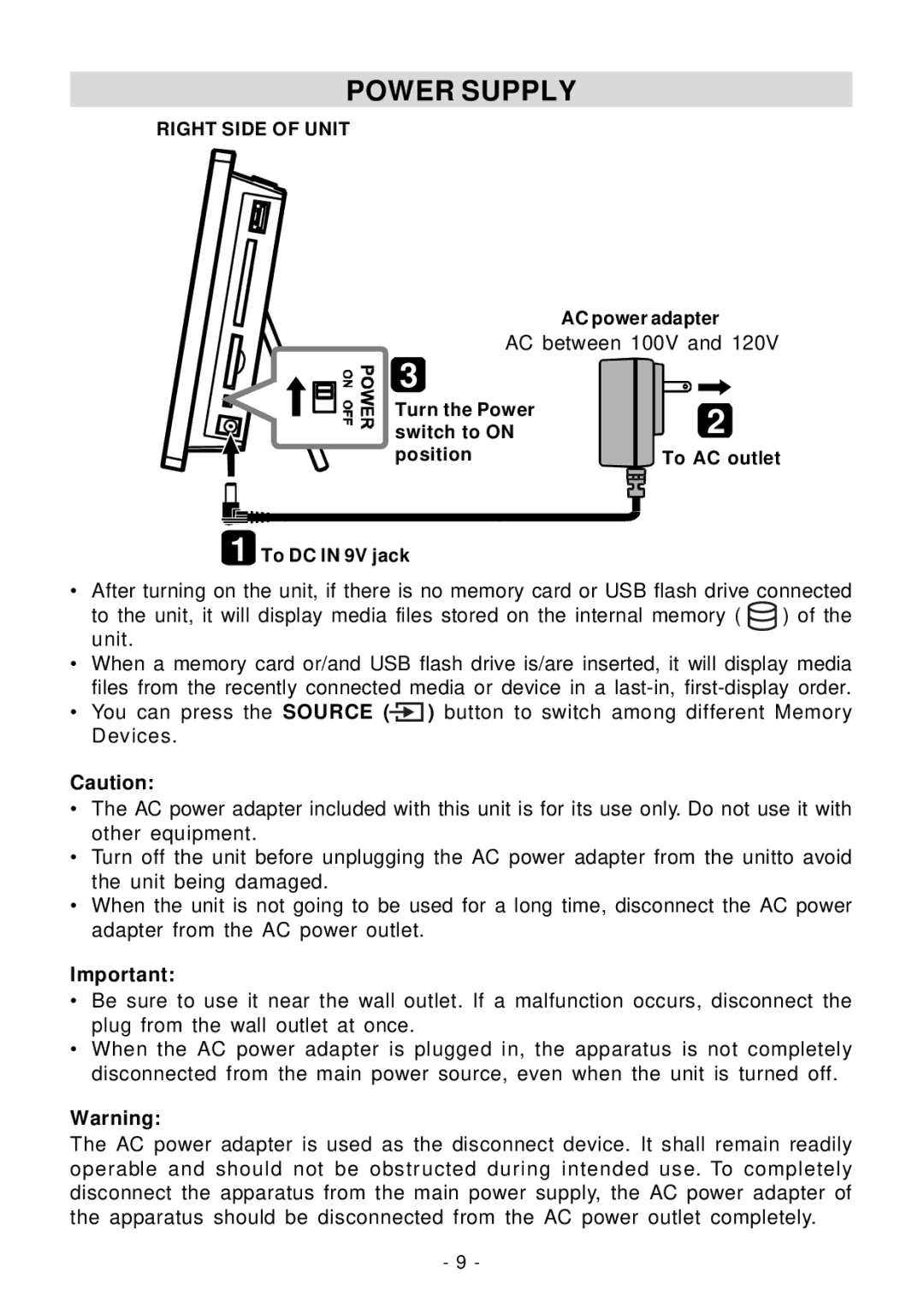 Venturer VPF1010DL-BLK, VPF810DL-CHER, VPF1010DL-BRW operating instructions Power Supply, AC between 100V 