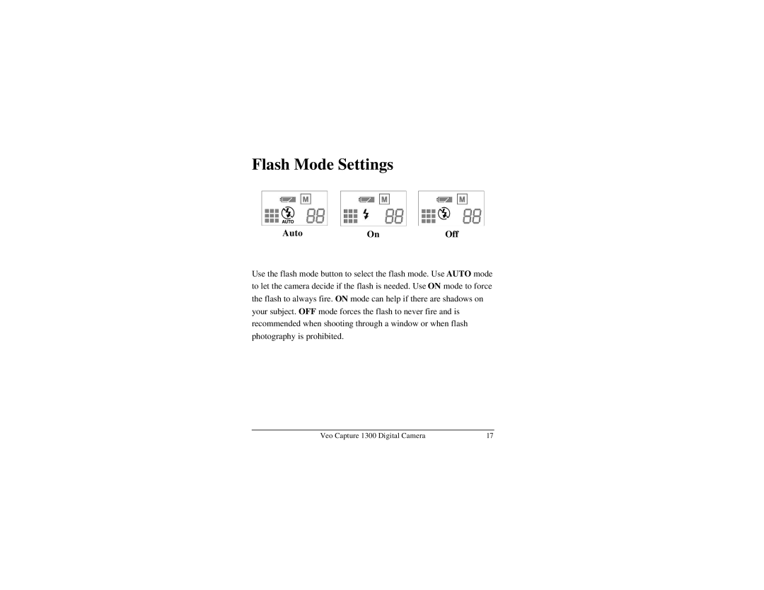 Veo 1300 manual Flash Mode Settings, Auto Off 