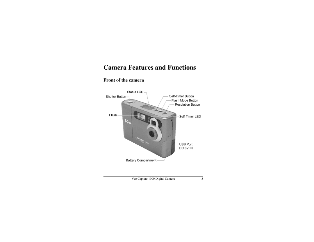 Veo 1300 manual Camera Features and Functions, Front of the camera 