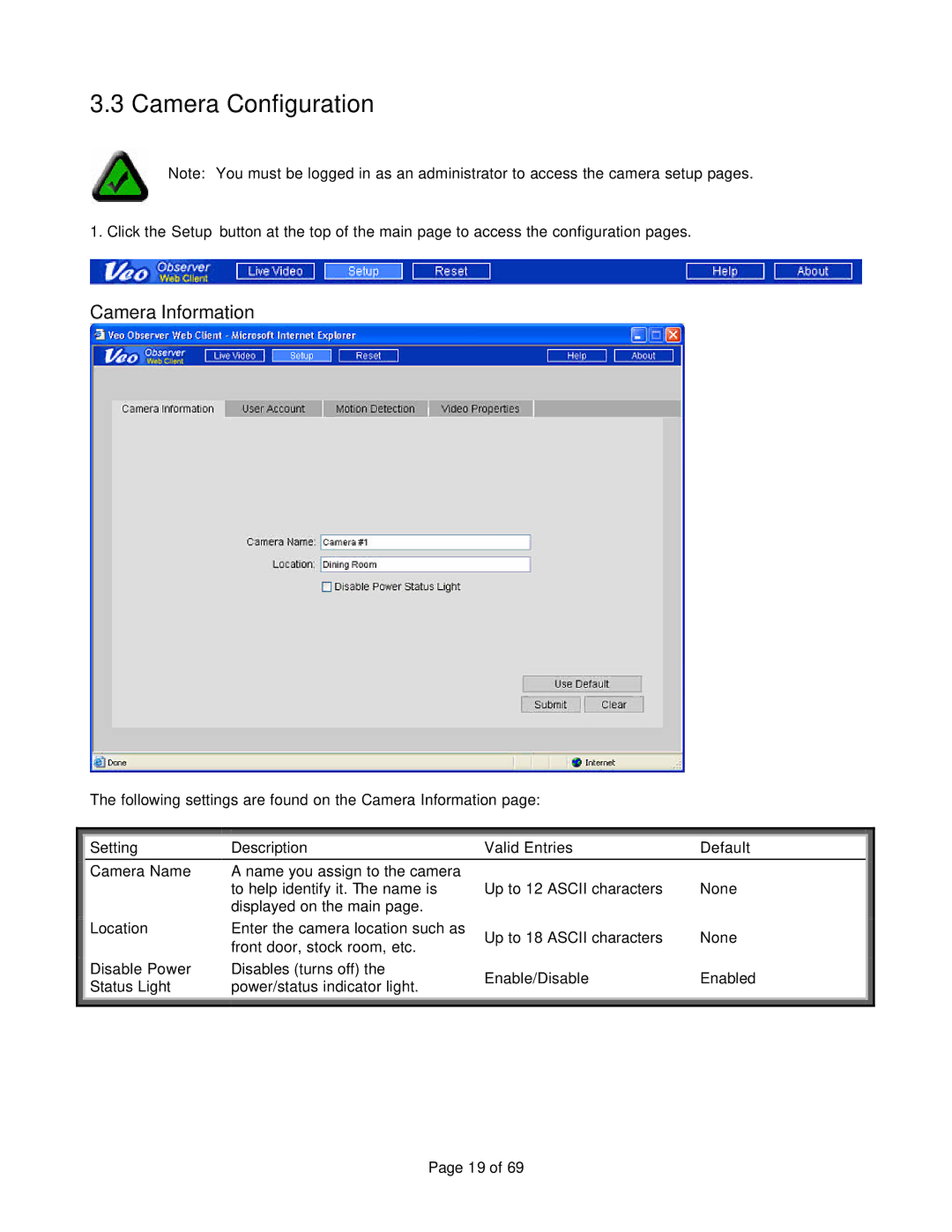 Veo 802.11b manual Camera Configuration, Camera Information 