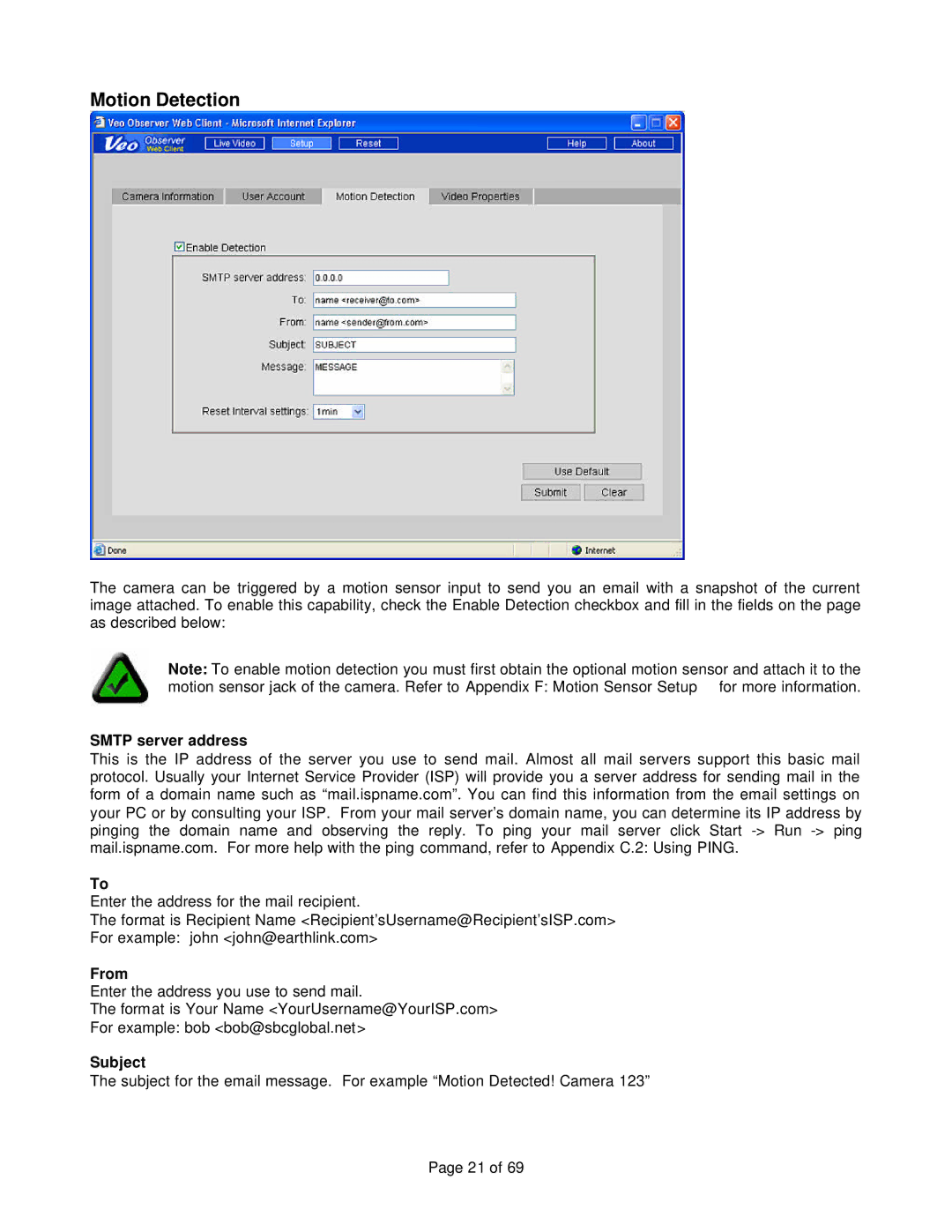 Veo 802.11b manual Motion Detection, Smtp server address, From, Subject 