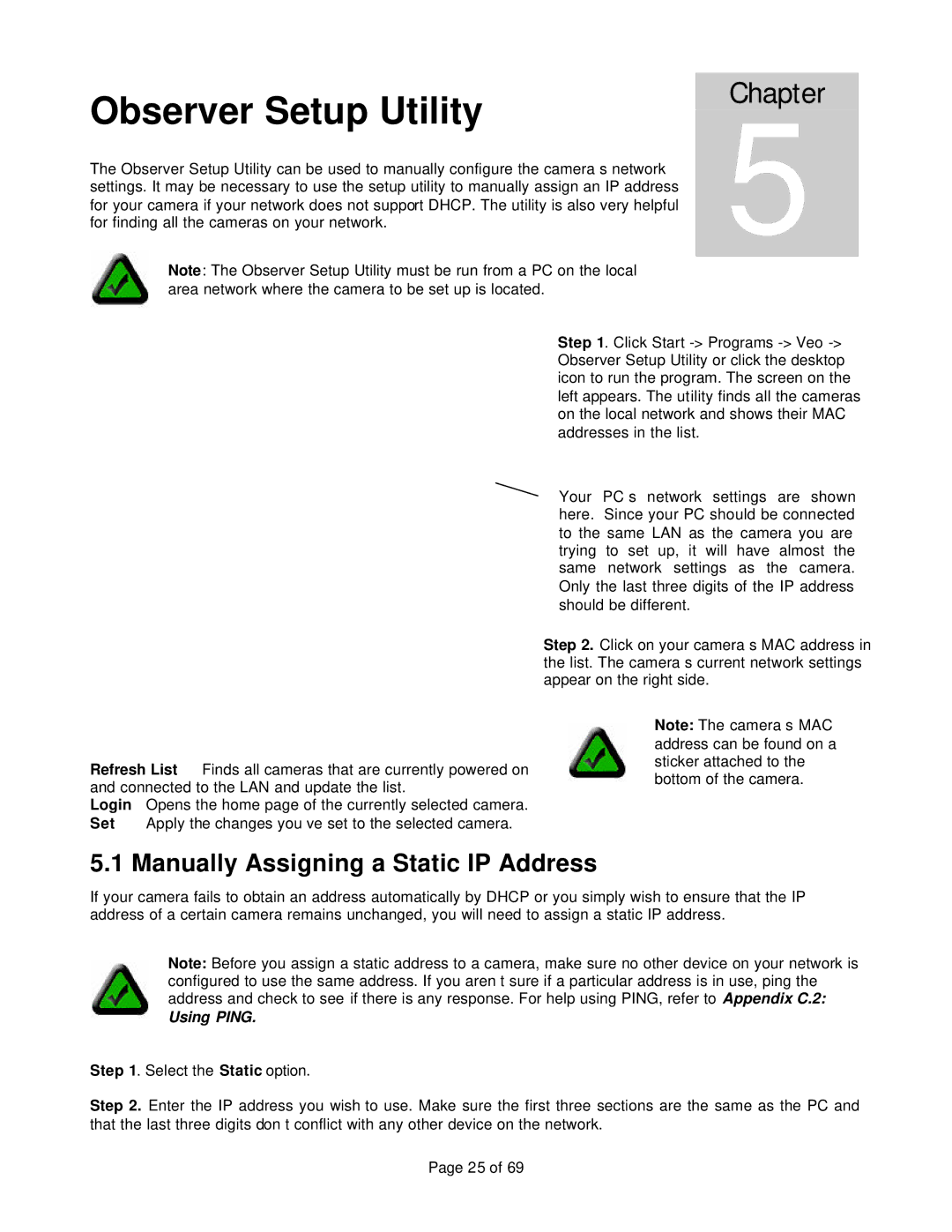 Veo 802.11b manual Observer Setup Utility, Manually Assigning a Static IP Address, Using Ping 