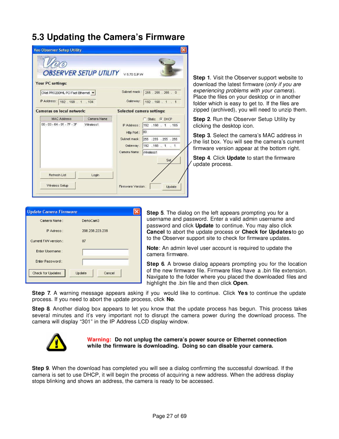 Veo 802.11b manual Updating the Camera’s Firmware 