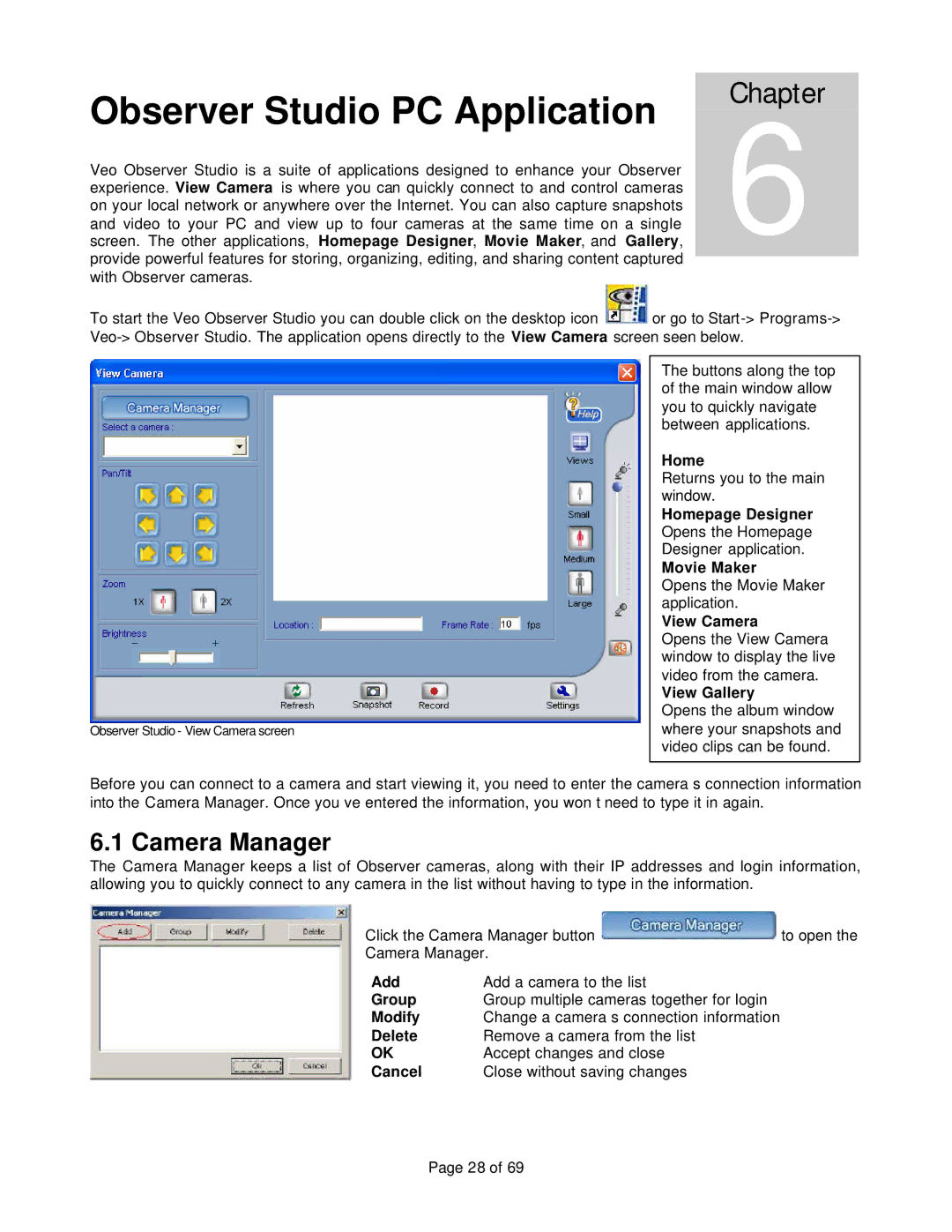 Veo 802.11b manual Observer Studio PC Application, Camera Manager 