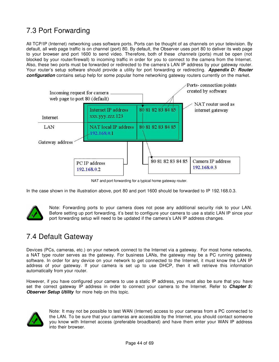 Veo 802.11b manual Port Forwarding, Default Gateway 