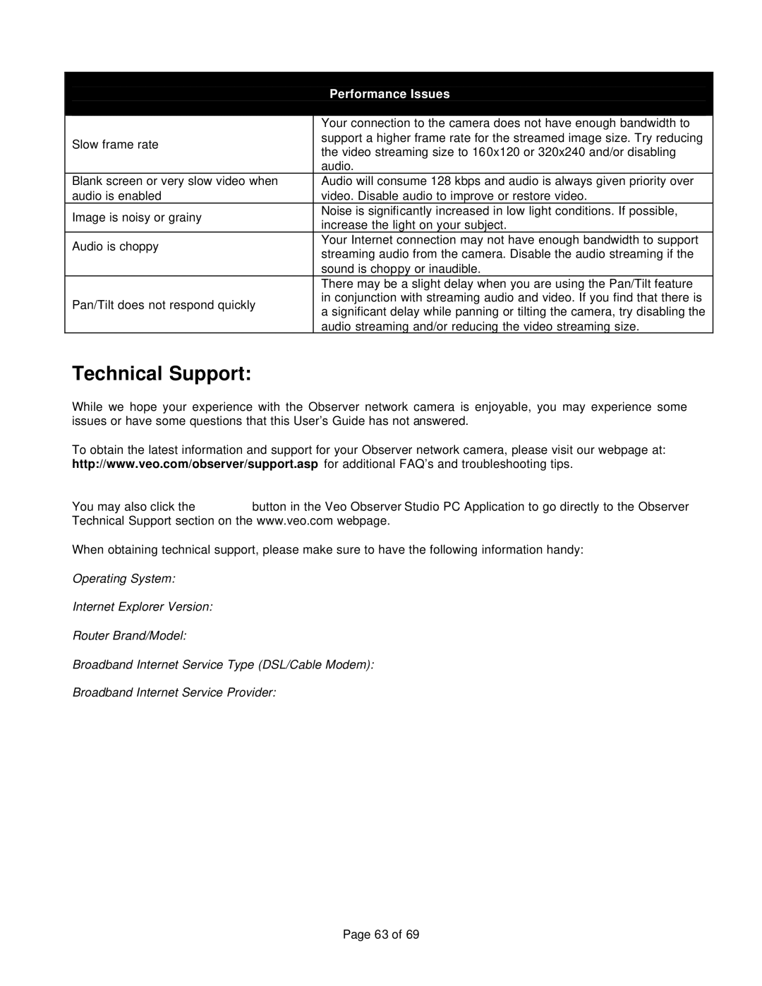 Veo 802.11b manual Technical Support, Performance Issues 