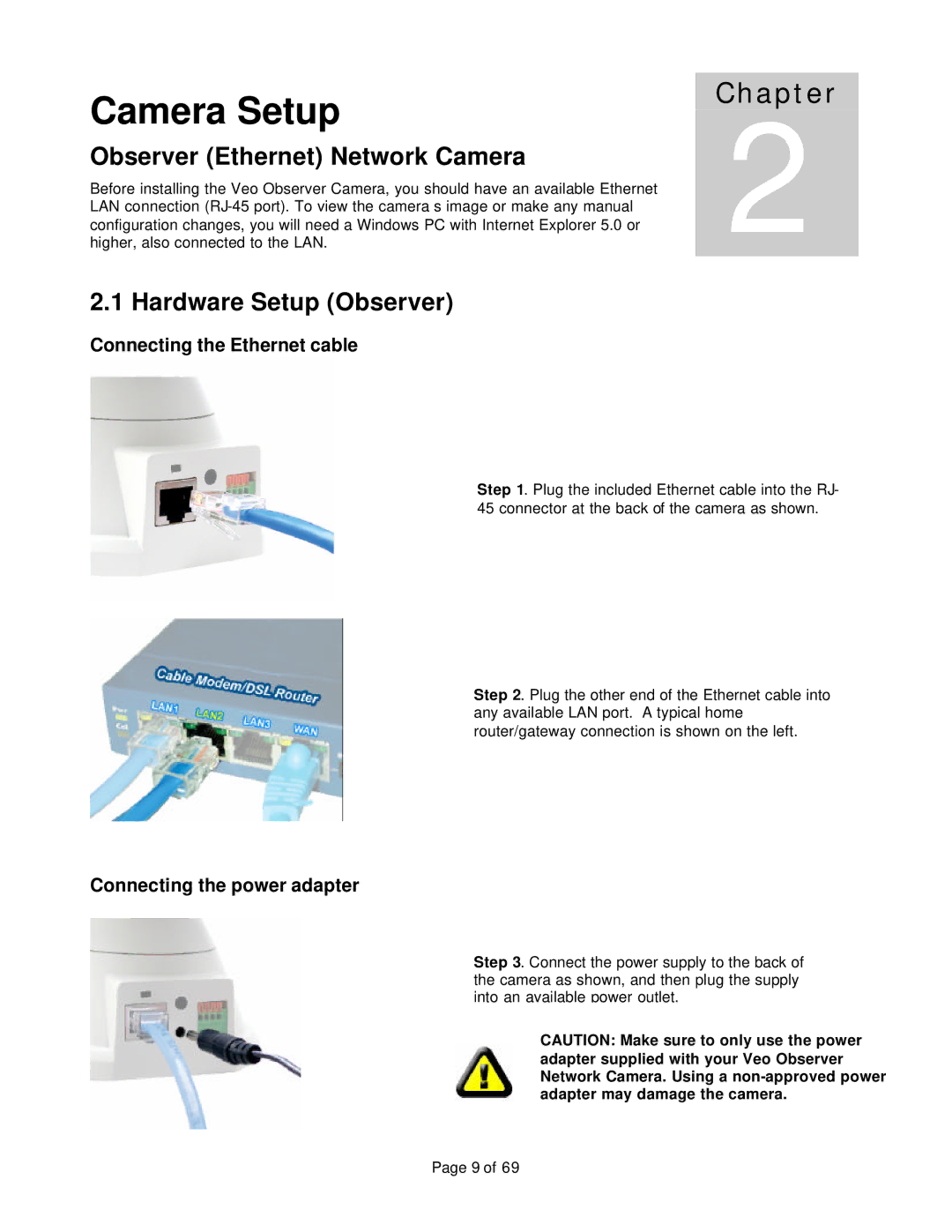 Veo 802.11b manual Camera Setup, Observer Ethernet Network Camera, Hardware Setup Observer, Connecting the Ethernet cable 