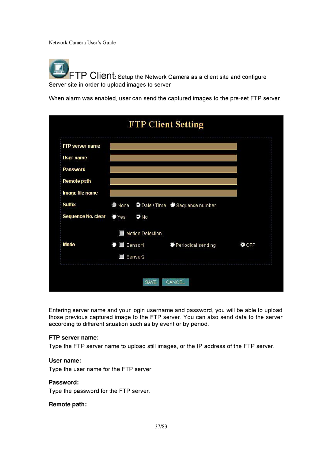 Veo Infra-Red manual FTP server name, User name, Password, Remote path 