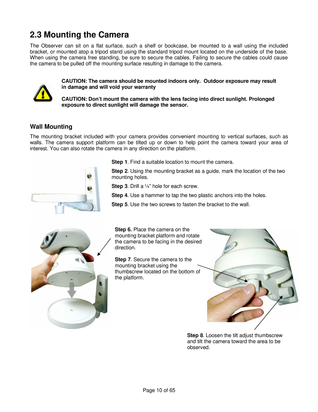 Veo Observer manual Mounting the Camera, Wall Mounting 