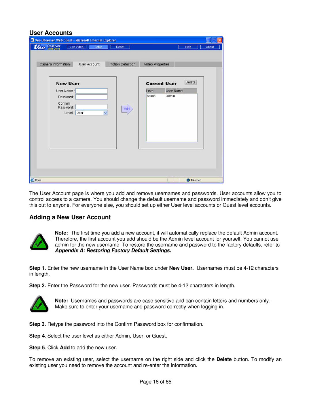 Veo Observer manual User Accounts, Adding a New User Account 