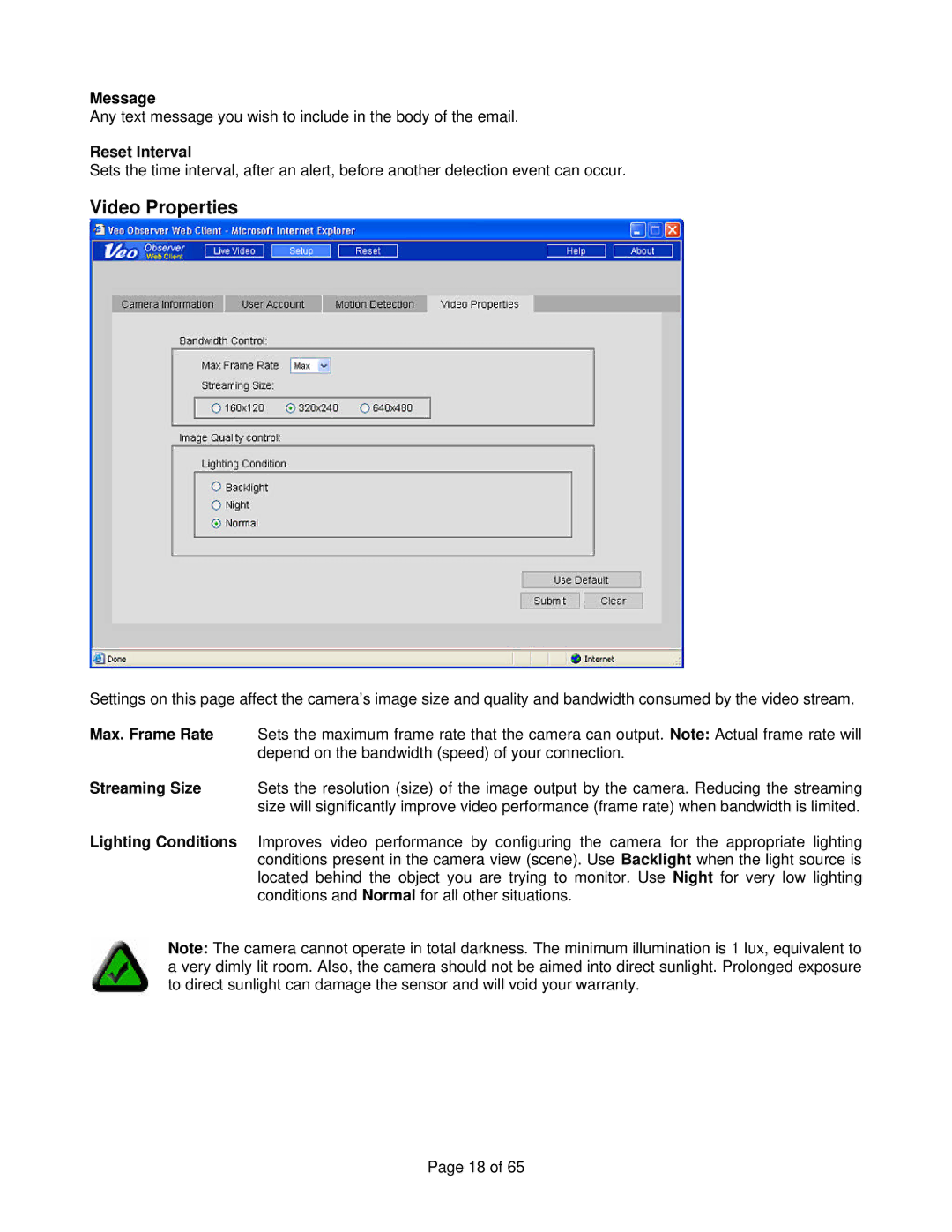 Veo Observer manual Video Properties, Message, Reset Interval 