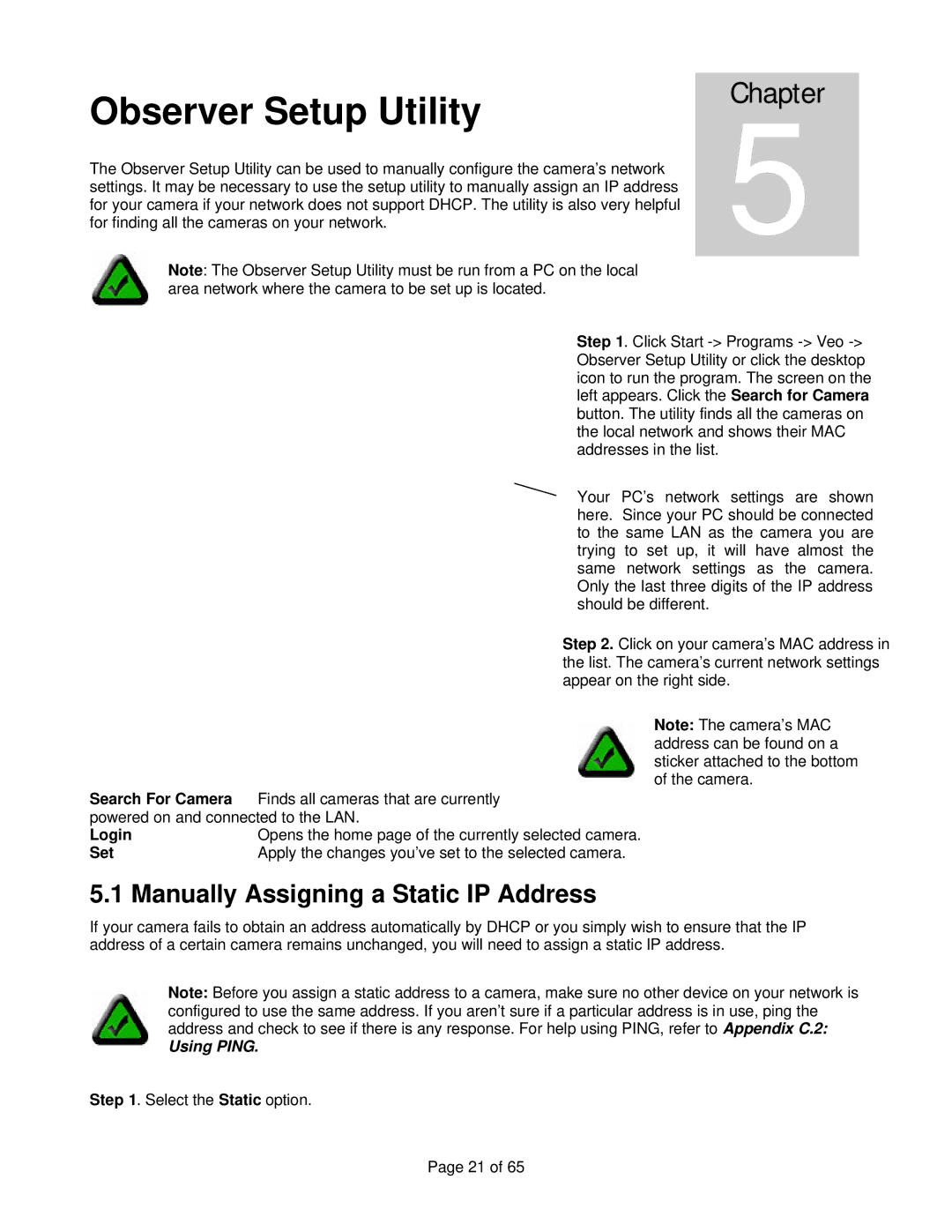 Veo manual Observer Setup Utility, Manually Assigning a Static IP Address 