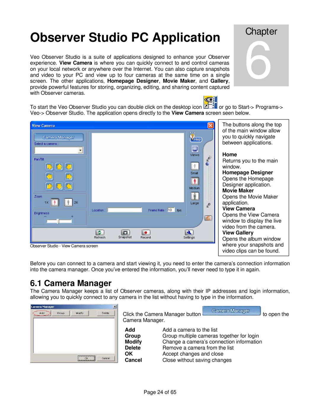 Veo manual Observer Studio PC Application, Camera Manager, Home, View Camera, View Gallery 