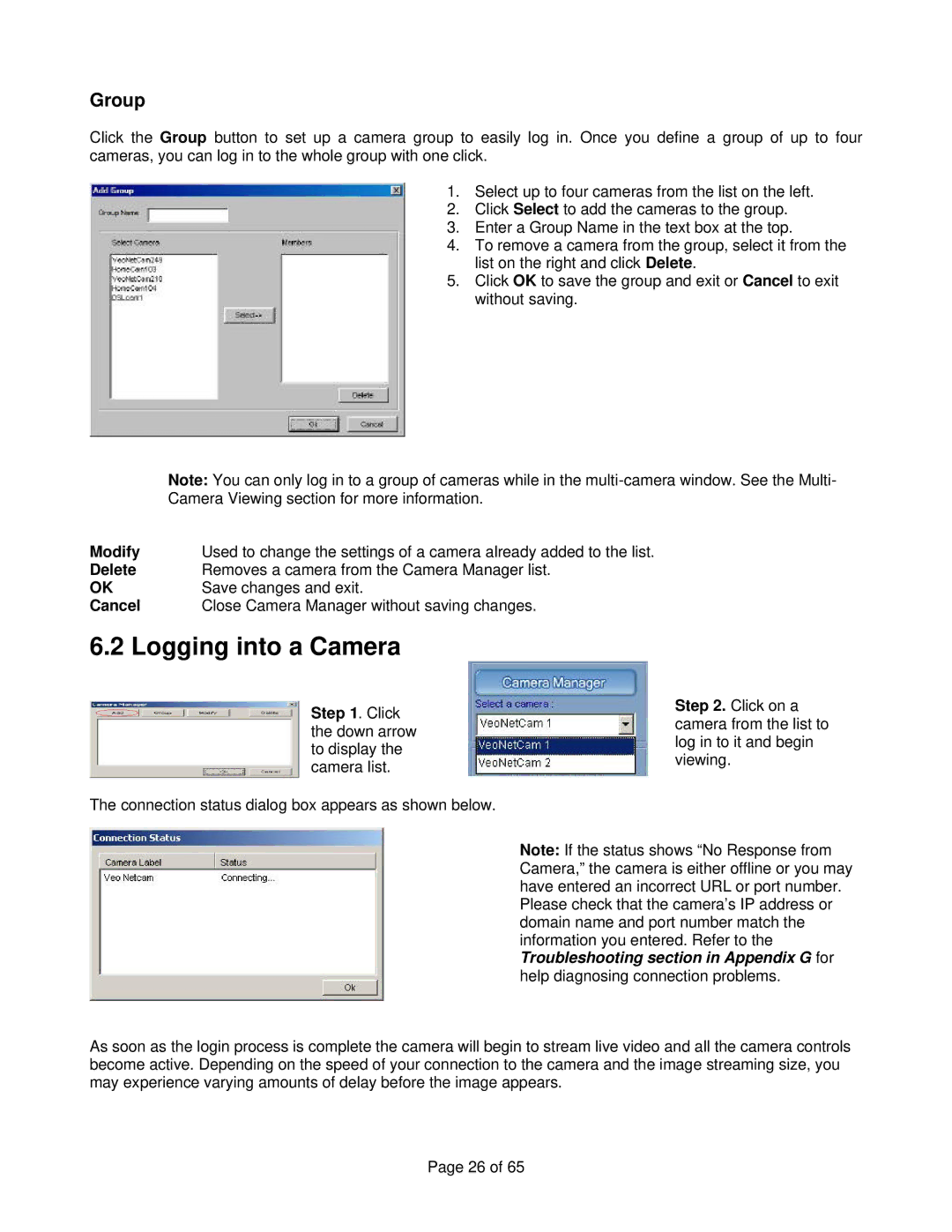 Veo Observer manual Logging into a Camera, Group 