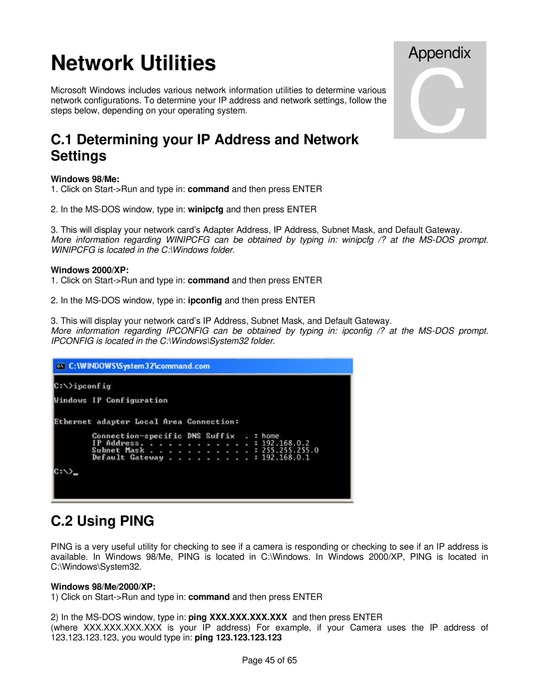 Veo Observer manual Network Utilities, Determining your IP Address and Network Settings, Using Ping 