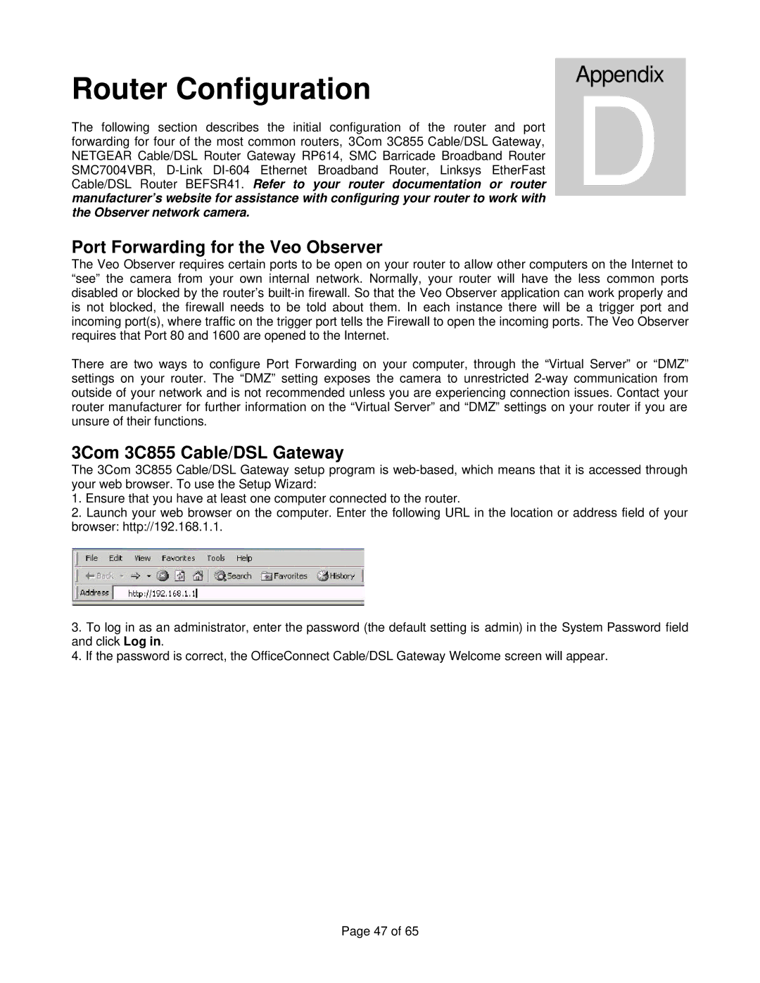 Veo manual Router Configuration, Port Forwarding for the Veo Observer 