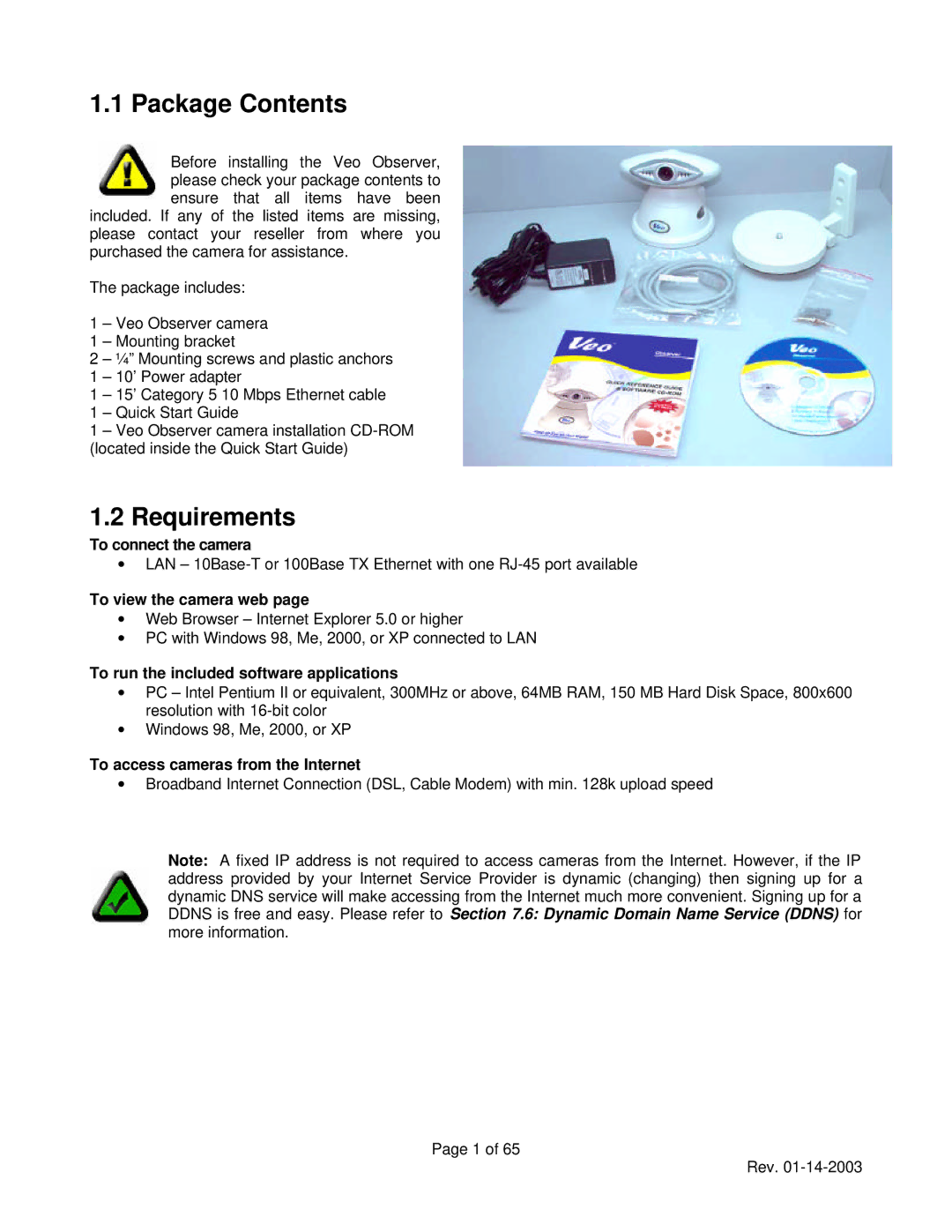 Veo Observer manual Package Contents, Requirements 