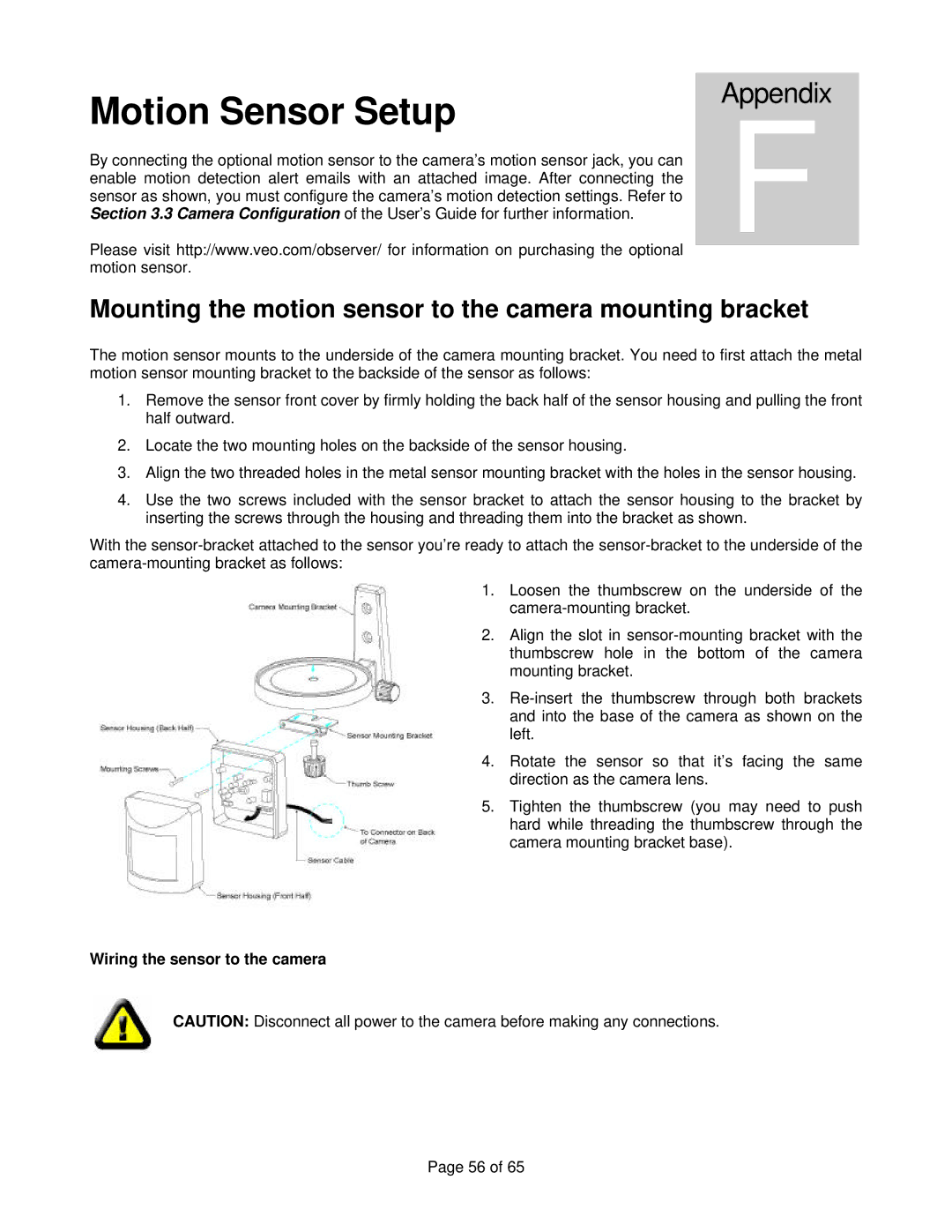 Veo Observer manual Motion Sensor Setup, Mounting the motion sensor to the camera mounting bracket 