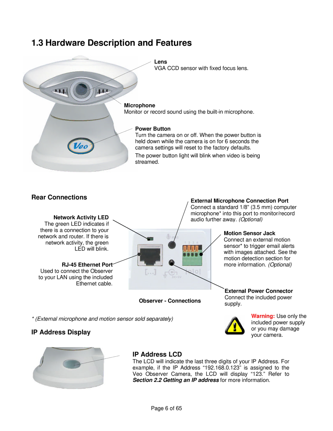 Veo Observer manual Hardware Description and Features, IP Address Display, IP Address LCD 